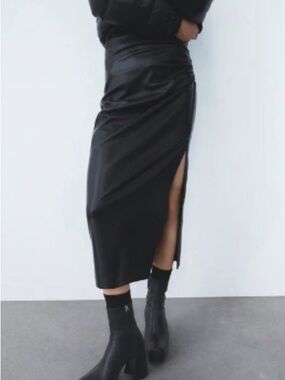 Zara Black Midi Leather Skirt with Ruching and High Slit